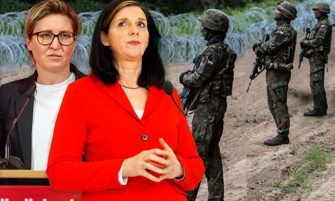 Linken-Chefin Susanne Hennig-Wellsow (l.) und Grünen-Fraktionschefin Katrin Göring-Eckardt, polnische Sicherheitskräfte schützen die Grenze zu Weißrußland