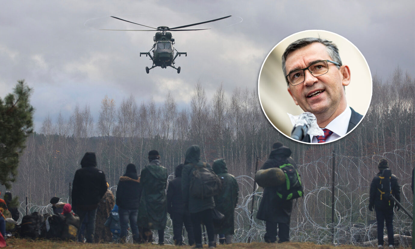 Polnischer Botschafter Andrzej Przyłębski, polnischer Militärhubschrauber über Migranten an der Grenze zu Weißrußland