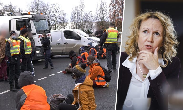 Bundesumweltministerin Steffi Lemke (Grüne), radikale Klimaschützer blockieren Autobahn