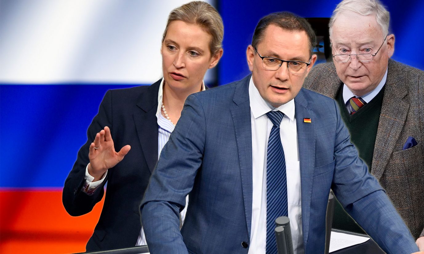 Die AfD-Bundestagsfraktionsvorsitzenden Alice Weidel und Tino Chrupalla (m.) sowie der AfD-Ehrenvorsitzende Alexander Gauland