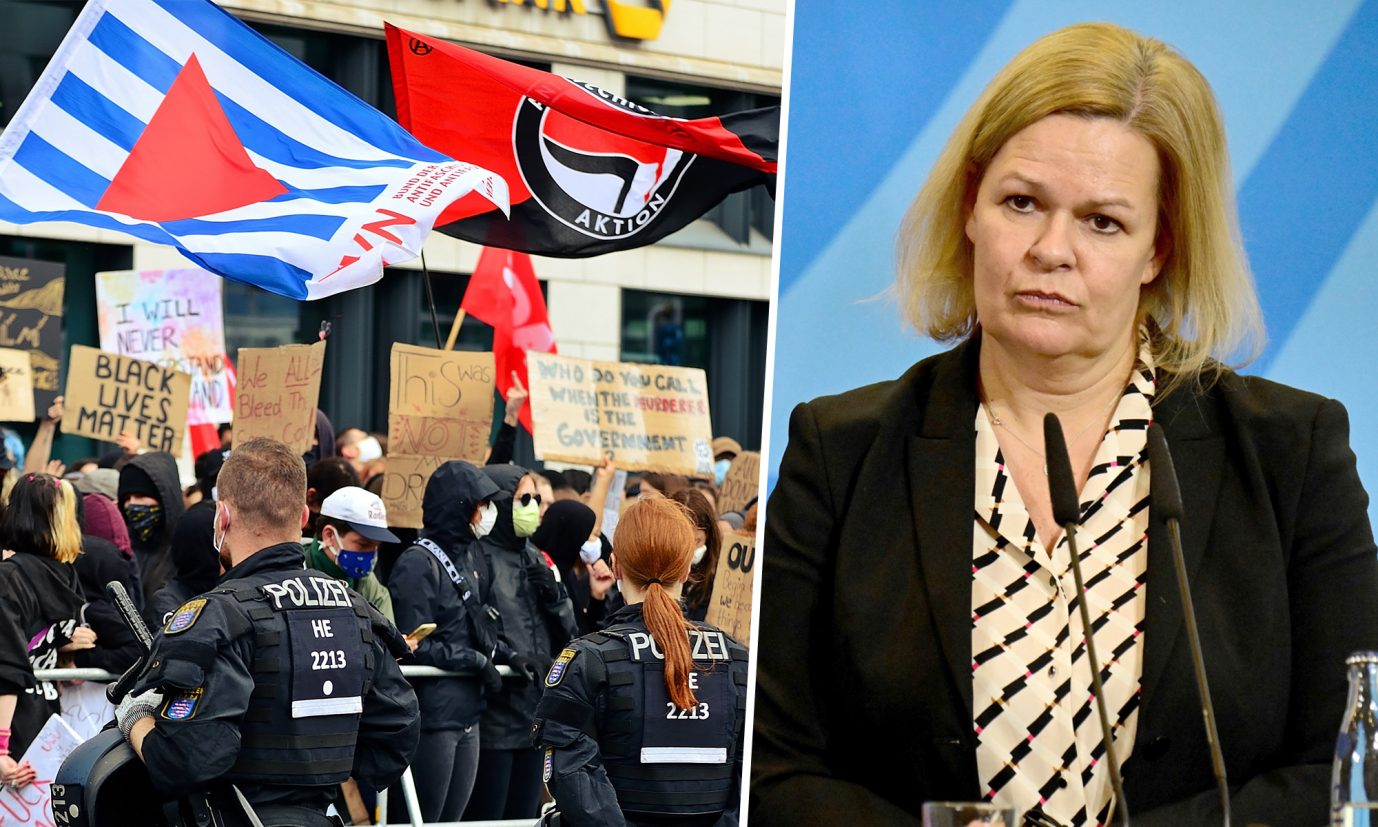 Linksradikale Demonstranten mit VVN-BdA- und Antifa-Flagge, Bundesinnenministerin Nancy Faeser (SPD)