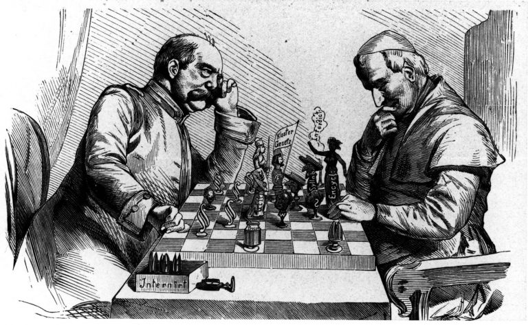 Reichskanzler Otto von Bismarck und Papst Pius IX. spielen in einer zeitgenössischen Karikatur über den Kulturkampf Schach gegeneinander Foto: picture-alliance / akg-images | akg-images