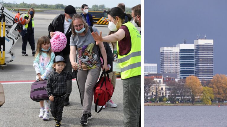 Miet-Wucher: Ukrainische Flüchtlinge, die im Rahmen der Lufbrücke aus Moldawien in Deutschland amnkommen und die Mundsburg-Towers in Hamburg.