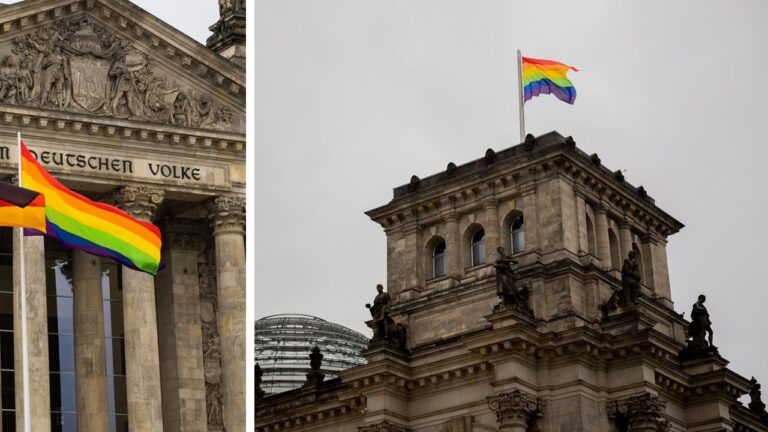 Um sich zur "queeren Community" zu bekennen hat das Bundestagspräsidium den Reichstag erstmals in der Geschichte an drei Stellen mit Regenbogenfahren beflaggen lassen.