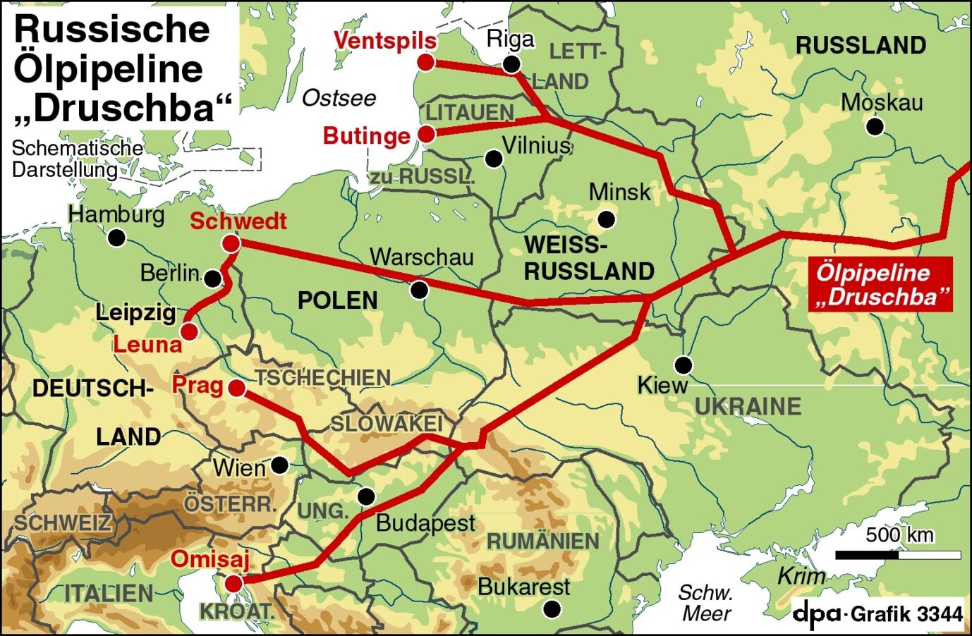 Verlauf der Druschba-Pipeline in Europa Grafik: picture alliance / dpa-infografik | Globus Infografik
