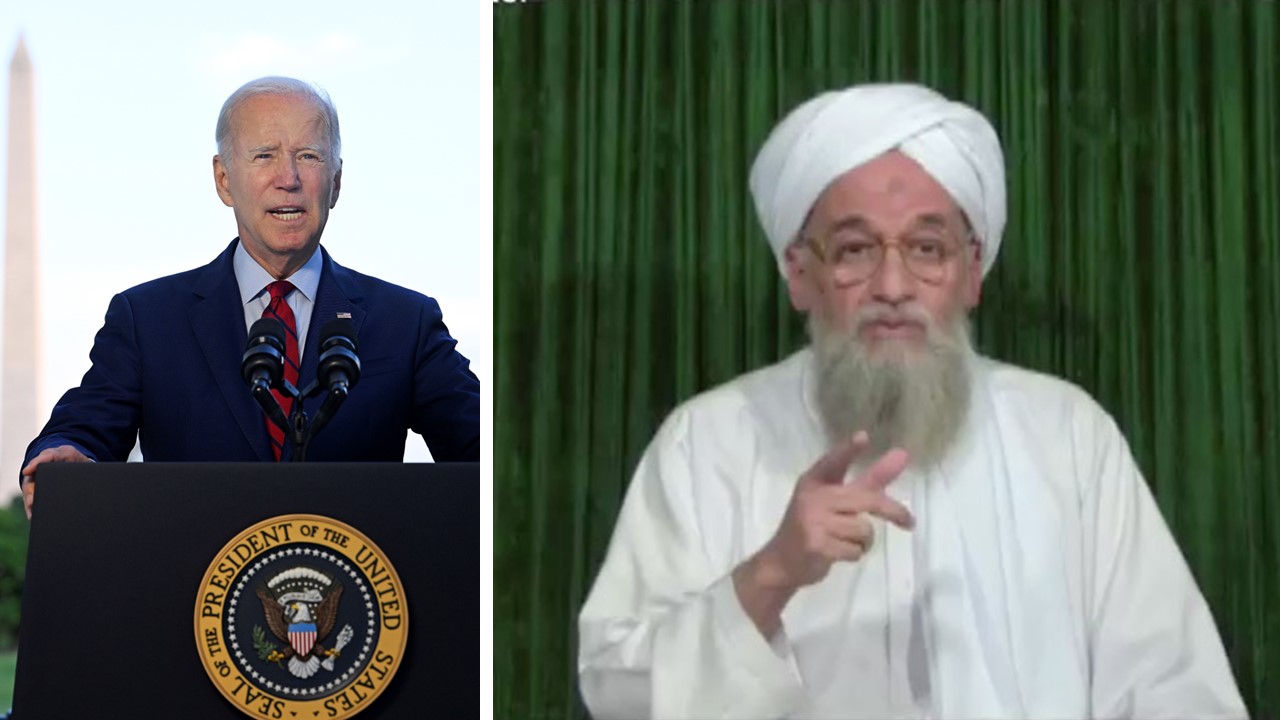 US-Präsident Joe Biden bei seiner Fernsehansprache zur Tötung des Al-Quaida-Chefs Aiman al-Sawahiri (rechts).