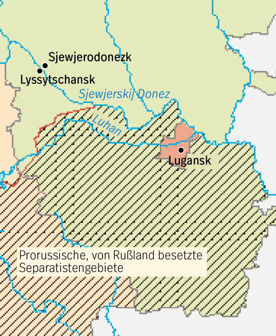 Ukrainischer Bezirk Lugansk mit Lyssytschansk am Sjewjerskij Donez Grafik: JF / Karte: Adobe-Stock