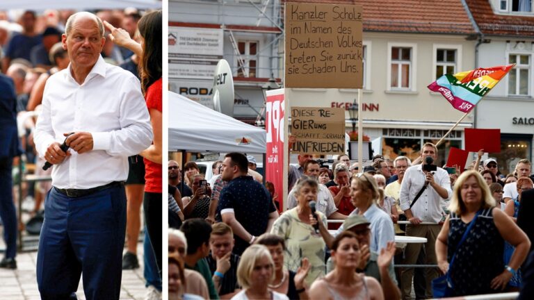 Protest gegen Energie- und Russlandpolitik. Bundeskanzler Olaf Scholz traf bei seiner Veranstaltung in Neuruppin auf wütende Gegner, die ihn auspfiffen und anbrüllten.
