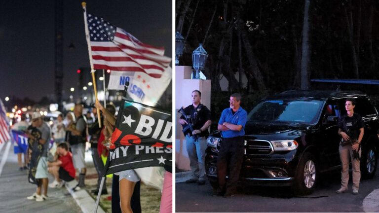 Schwerbewaffnete Polizisten vor Donald Trumps Anwesen in Mar-a-Lago, Florida. Schnell protestierten Menschen gegen die Razzia beim Ex-US-Präsidenten.
