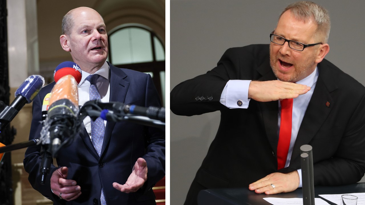 Bundeskanzler Olaf Scholz (links, SPD) nach seiner Befragung durch den Untersuchungsausschuß 2021 und SPD-Politiker Johannes Kahrs, bei dem nun 200.000 Euro Bargeld gefunden wurden.