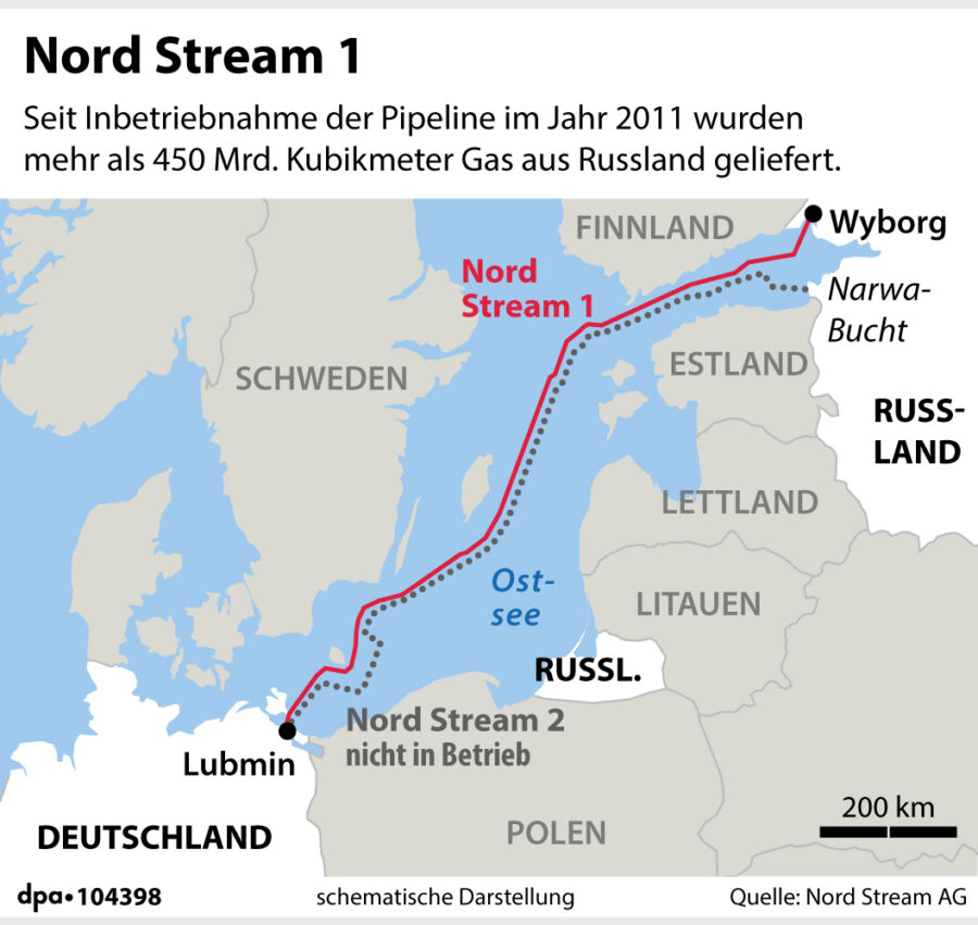 Karte von Nord Stream: Die Pipelines verlaufen durch die Ostsee
