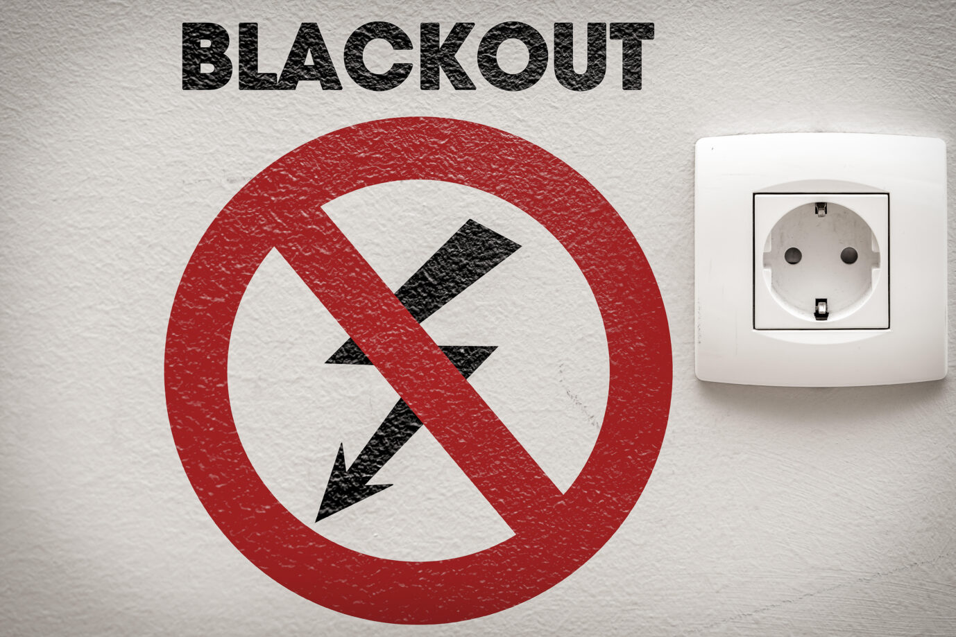 Blackout, Stromausfall, Steckdose an einer Wand mit der Aufschrift: Blackout. Stromversorgung unterbrochen, kein Strom