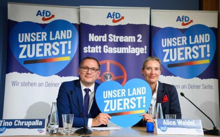 Erfolgreiches AfD Thema: Die AfD-Bundesvorsitzenden Tino Chrupalla und Alice Weidel präsentieren die Kampagne «Unser Land zuerst!».