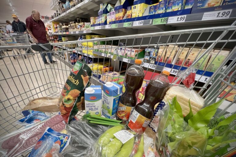 Ein Einkaufskorb mit Lebensmittelprodukten und Waren des täglichen Bedarfs (Symbolbild): Dem Statistischen Bundesamt zufolge ist die Inflation im September auf zehn Prozent gestiegen.