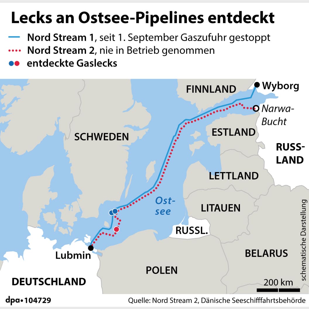 Karte der Sabotageorte von Nord Stream zu dessen Hintergründen es zahlreiche Theorien gibt