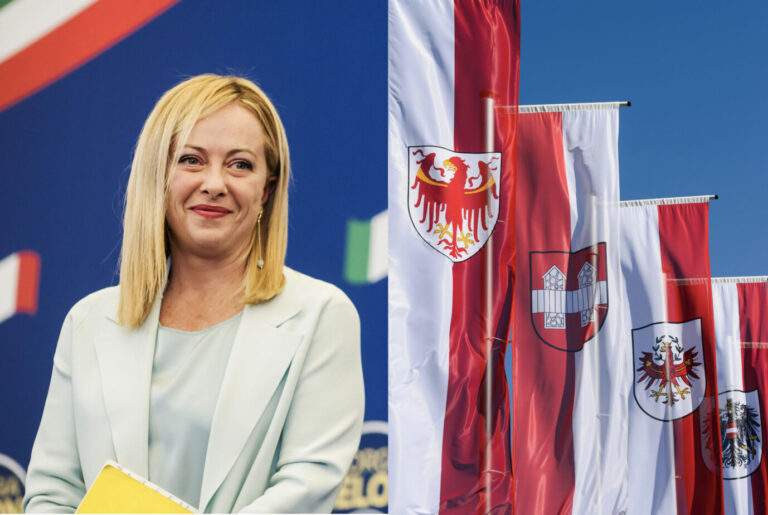 Fratelli-d'Italia-Chefin Giorgia Meloni und Fahnen Autonome Provinz Südtirol: Die Furcht vor dem Faschismus in Südtirol ist nach der Italien-Wahlzurück