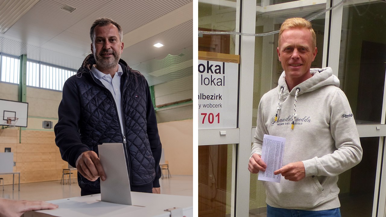Kämpfen in der Stichwahl um den Oberbürgermeister-Posten von Cottbus: Tobias Schick (SPD, links) und Lars Schieske (AfD, rechts).
