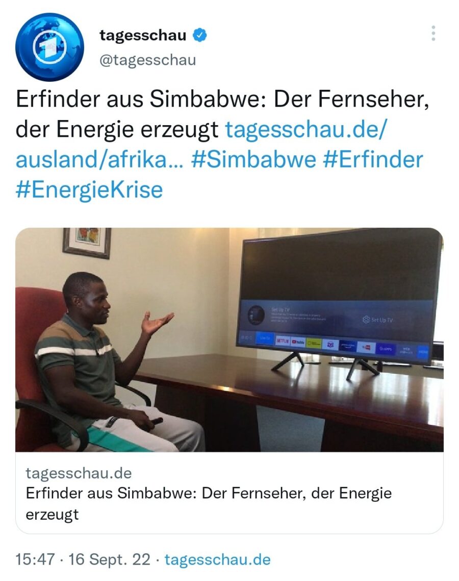 ARD-Tagesschau meldet auf Twitter die Erfindung aus Simbabwe Ein Fernseapparat, der ohne Strom funktioniert