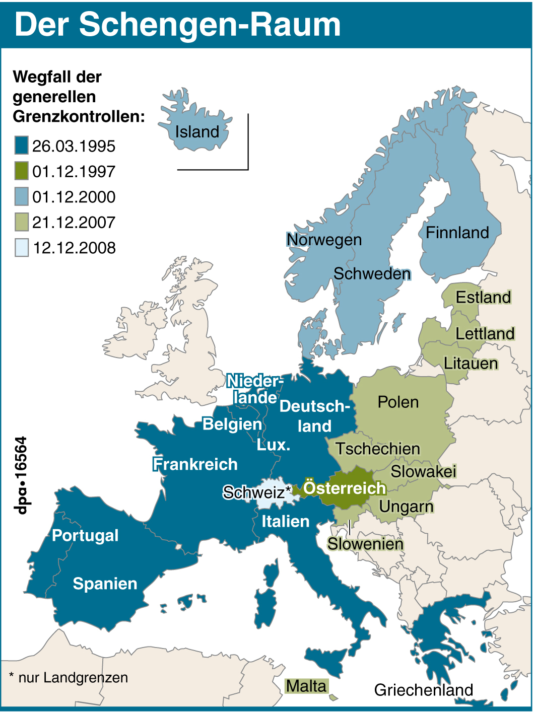 Mitglieder des Schengen-Abkommens: Grenzkontrollen weitgehend abgeschafft Foto: picture-alliance/ dpa-infografik | dpa-infografik Feaser in der Verantwortung
