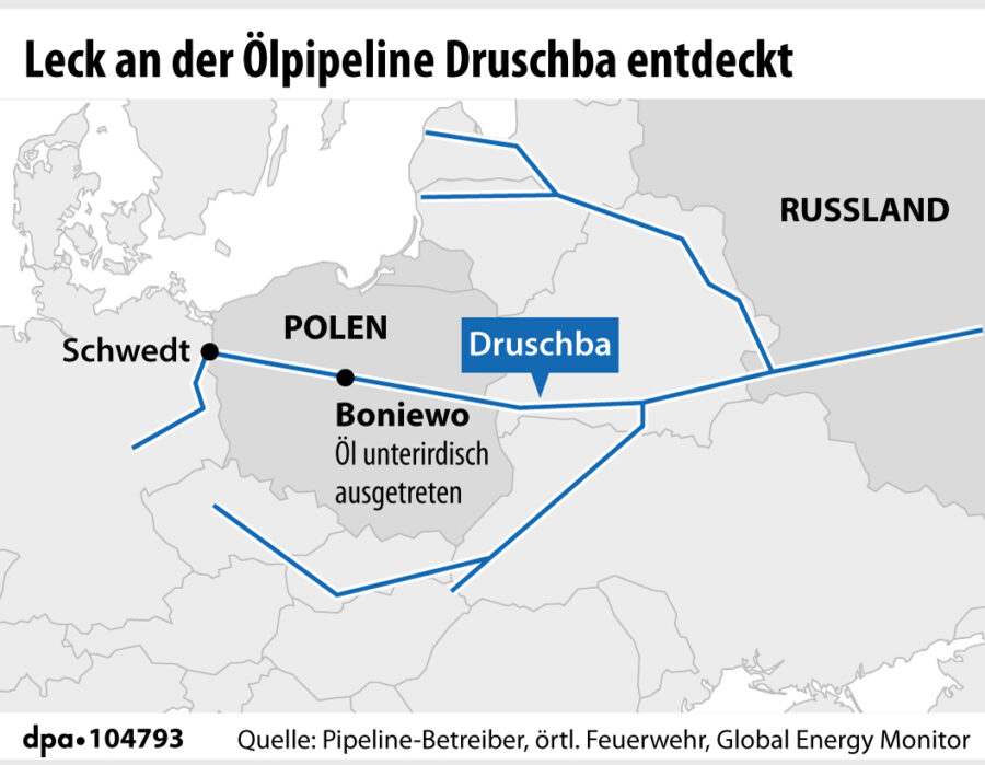 Diese Grafik zeigt den Verlauf der Druschba-Pipeline quer durch Europa 