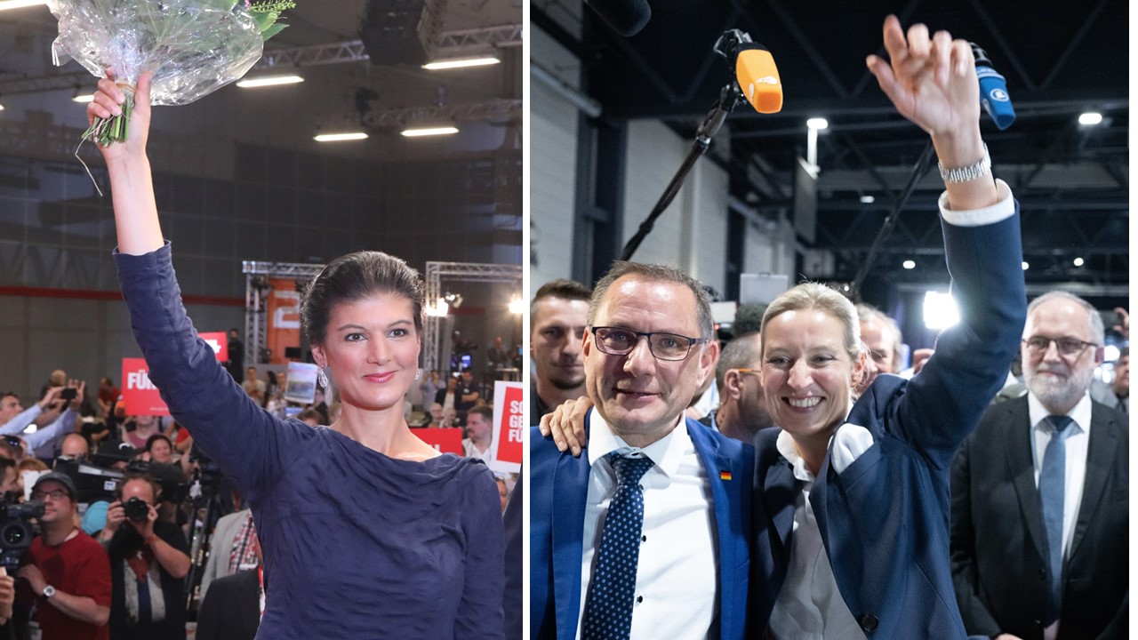 Sahra Wagenkecht (links, Die Linke) sowie die AfD-Chefs Tino Chrupalla und Alice Weidel jubeln über gute Umfrageergbnisse.