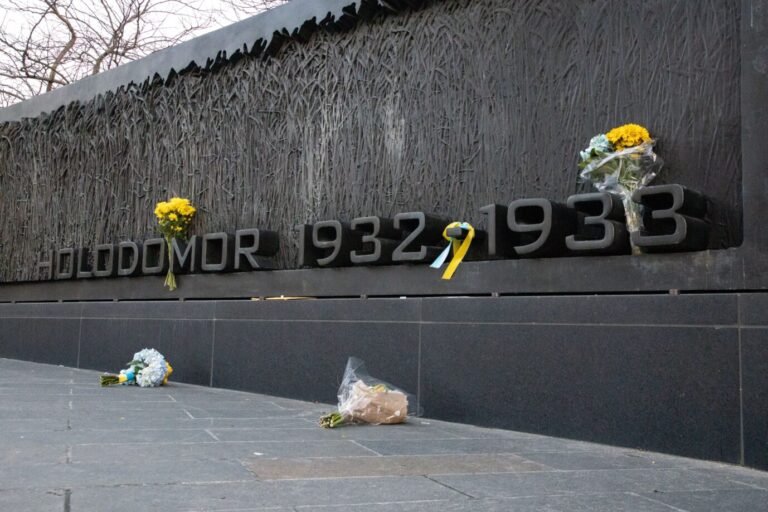Flowers and other notes of condolences are seen placed at the The Holodomor Memorial to Victims of the Ukrainian Famine-Genocide in Washington, D.C. on February 25, 2022 after Russia invaded the country the day prior (Photo by Bryan Olin Dozier/NurPhoto)