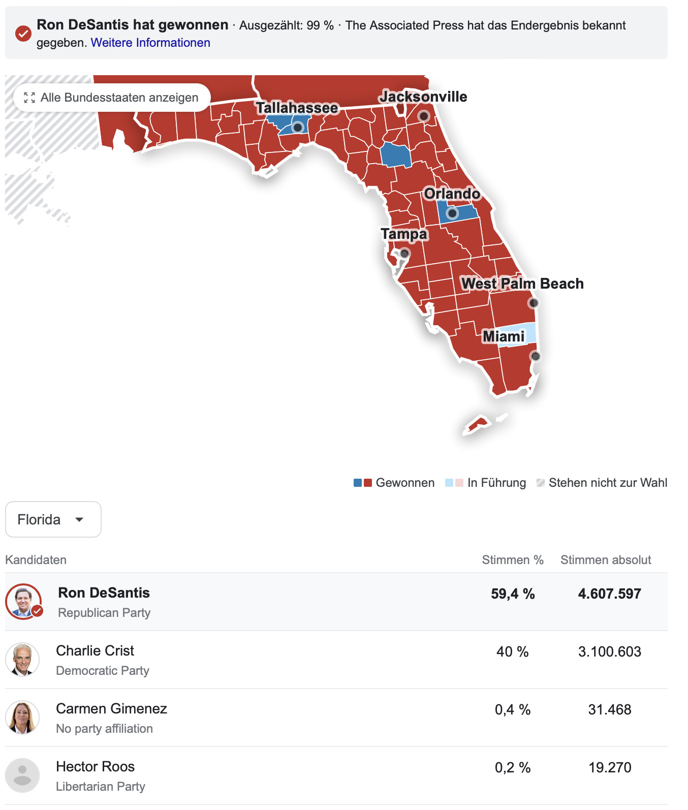 Karte der Gouverneurswahl von Florida Foto: AP