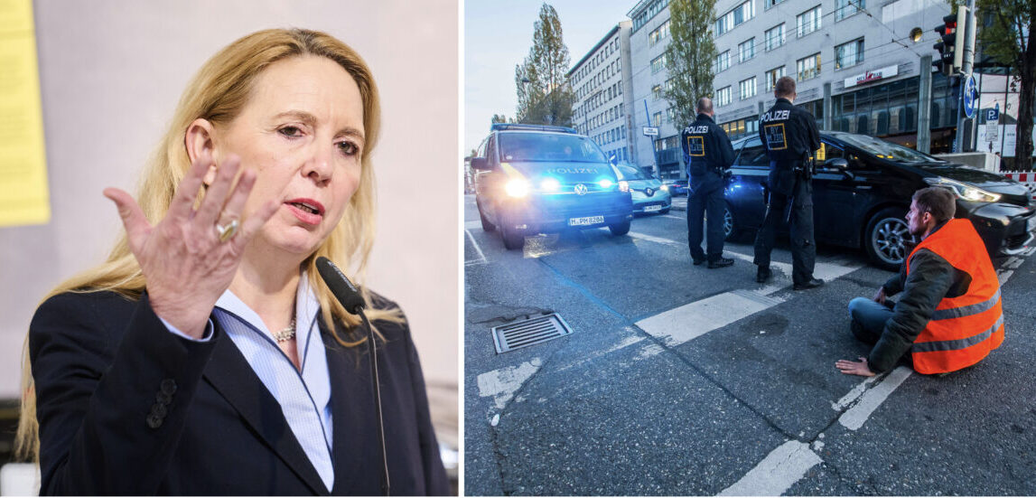 Links im Bild befindet sich Berlins Polizeipräsidentin Barbara Slowik, rechts sitzt ein Mitglied der "Letzten Generation" und blockiert eine Straße.