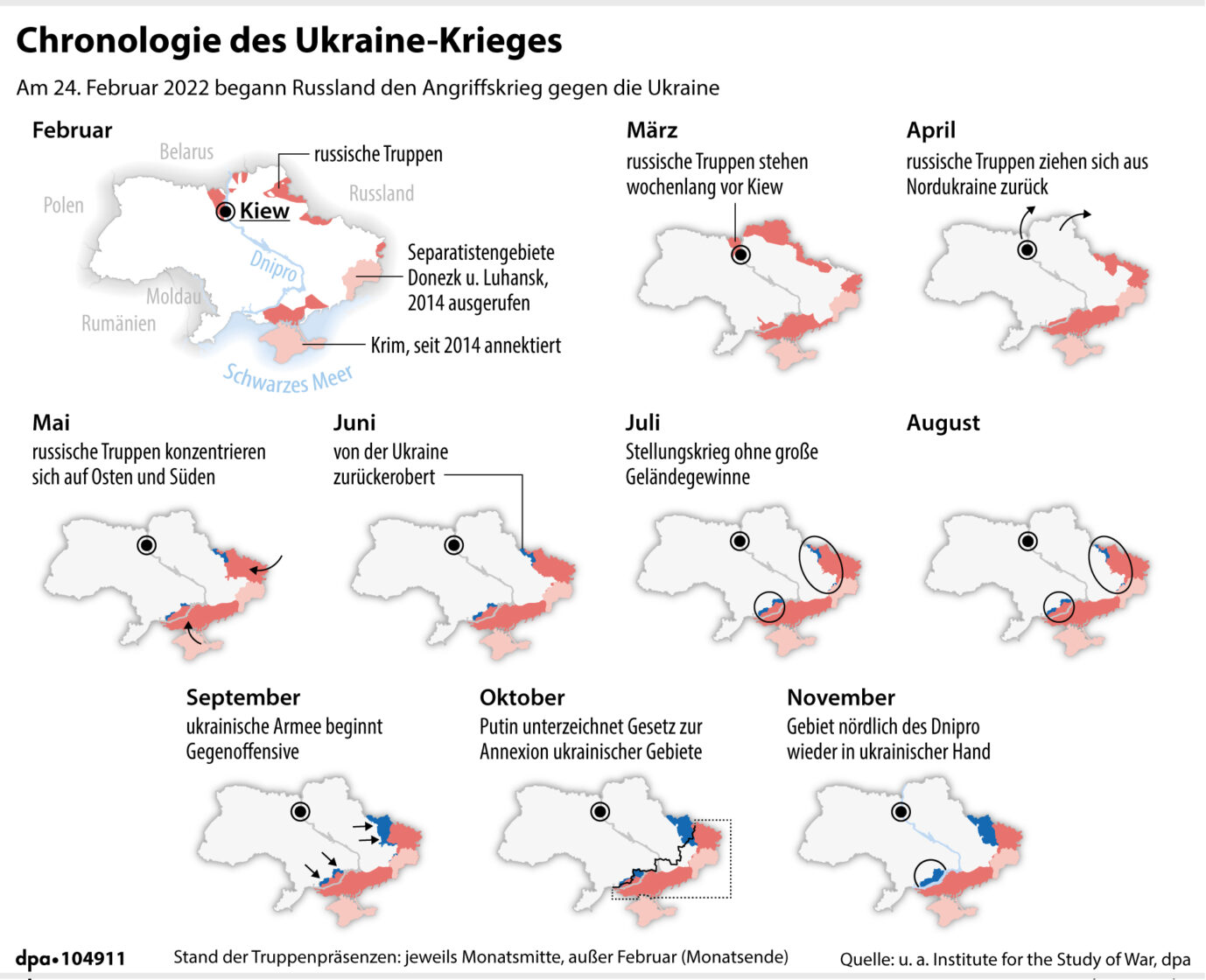 Grafik-Karte Nr. 104911, Querformat 160 x 130 mm, "Russlands Angriff auf die Ukraine: Frontverlauf im Laufe des Jahres", Grafik: P. Massow, Redaktion: B. Schaller