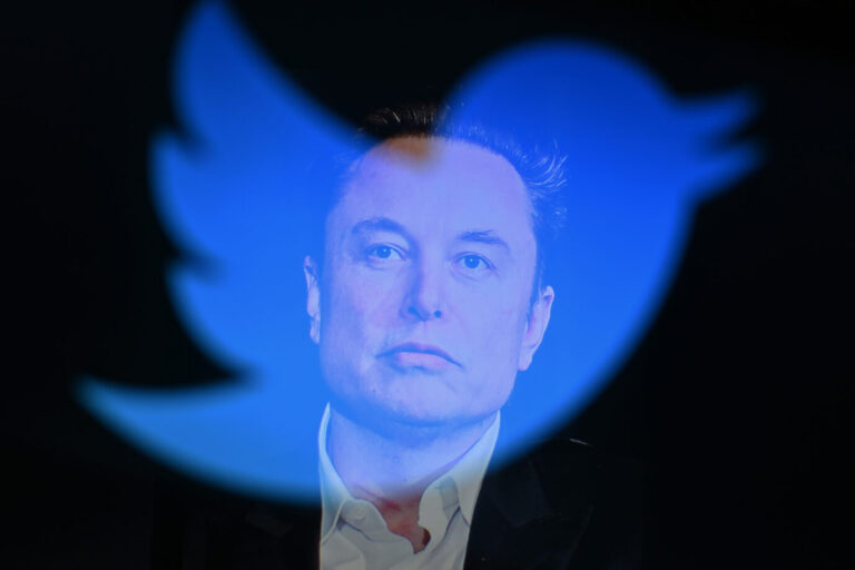 Elon Musks Gesicht wird vom Twitter-Logo überdeckt.