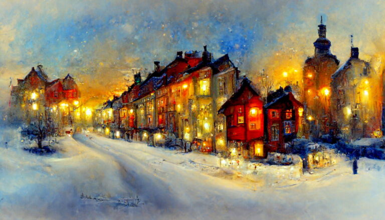 Das Bild zeigt eine Malerei einer Kleinstadt, die zu Weihnachten festlich leuchtet.