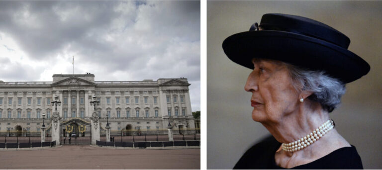 Links im Bild befindet sich der Buckingham Palace in London, rechts im Bild die Hofdame Lady Susan Hussey.