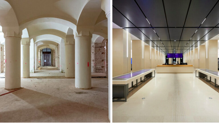 Das historische Ziegelgewölbe im österreichischen Parlament (links) und die neu geschaffene Agora: Aus einer schönen Welt wird eine häßliche