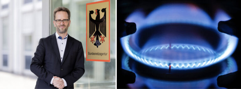 Links im Bild befindet sich der Vorsitzende der Bundesnetzagentur, Klaus Müller, rechts im Bild das Bild eines eingeschalteten Gasherds.