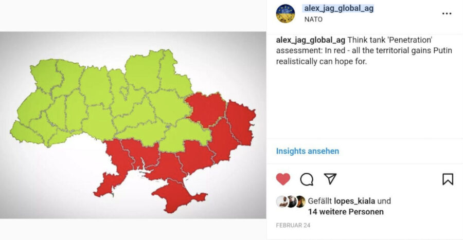 Rote Markierungen zeigen erwartete russische Gebietsgewinne. 