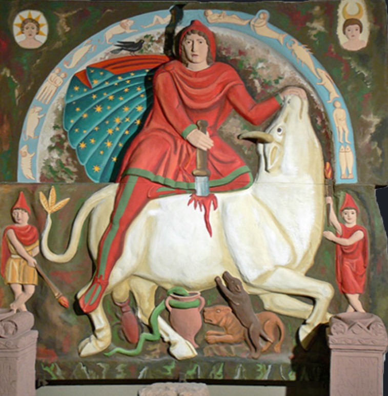 Ein Stier wird getötet. Das Motiv zeigt eine zentrale Handlung des Mithraskultes. 