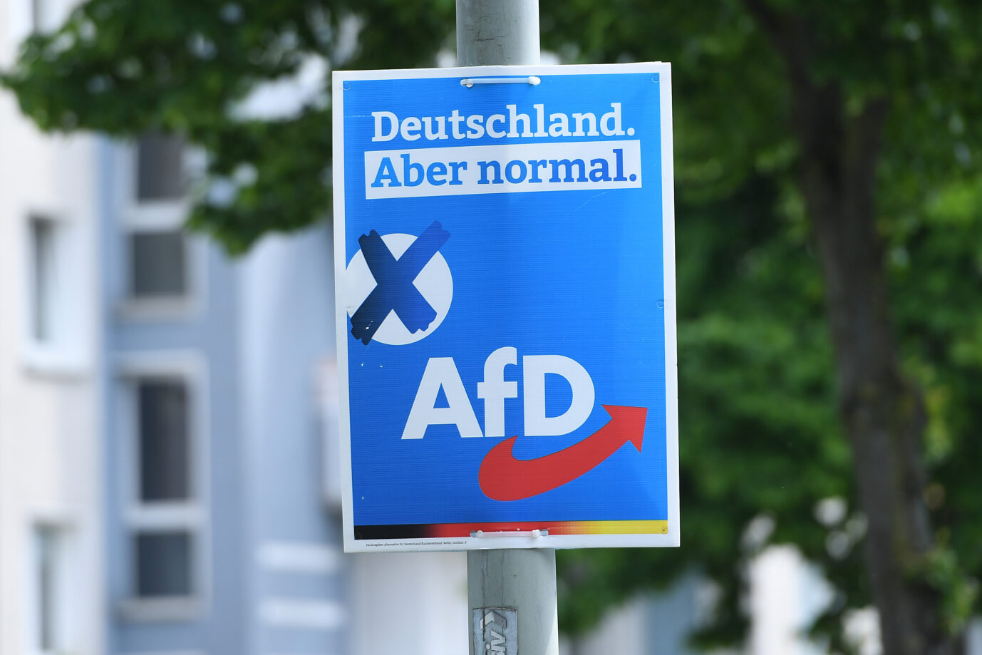 Ein Wahlplakat der AfD hängt an einem Laternenmast.