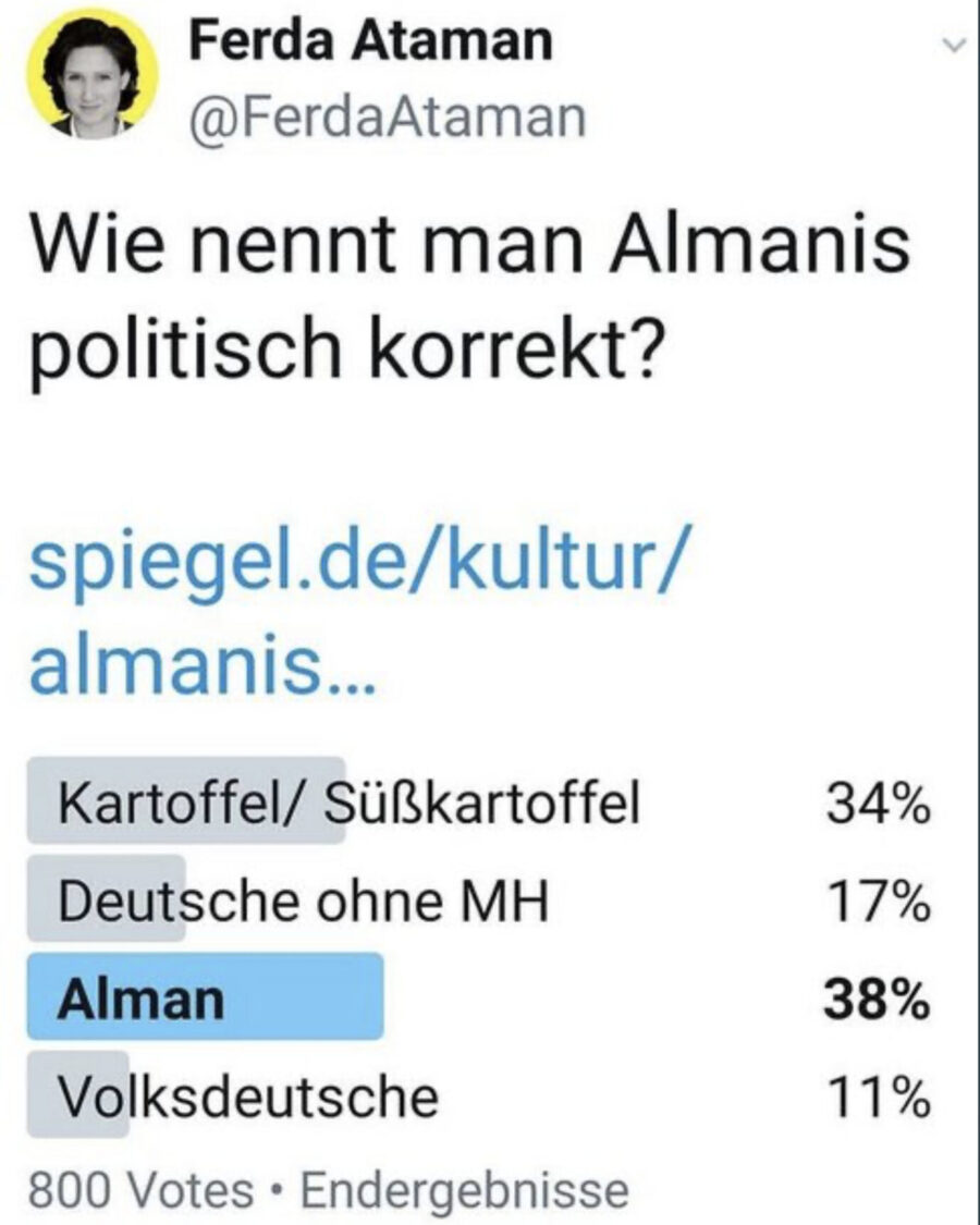 Ein Tweet des inzwischen gelöschten Accounts von Ferda Ataman. „Almani“ bedeutet auf arabisch „Deutscher“ Screenshot: JF