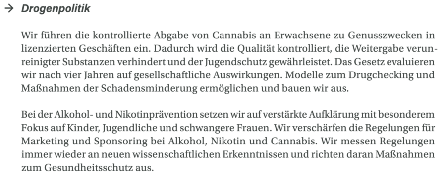 Das Bild zeigt einen Textauszug aus dem Koalitionsvertrag zur geplanten Legalisierung von Cannabis. Besonders die Grünen pochen darauf.