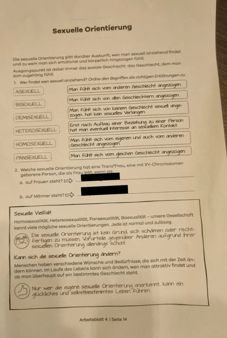 Das Bild zeigt ein Arbeitsblatt für Sechsklässler in Nordrhein-Westfalen, daß das Thema „trans“ thematisiert. Die AfD kritisiert die Bildungsministerin des Landes dafür scharf.