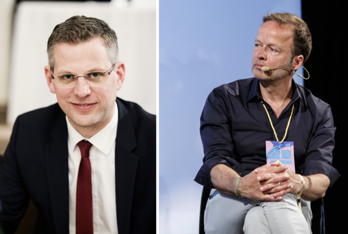 Links im Bild befindet sich CDU-Politiker Christoph de Vries, rechts im Bild ist ARD-Journalist Georg Restle.