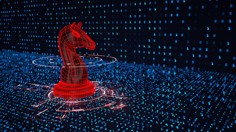 Ein trojanisches Pferd, das einen Hacker symbolisiert, dringt in ein Computersystem ein. Die israelische Firma Team Jorge soll weltweit Wahlmanipulation betrieben haben.