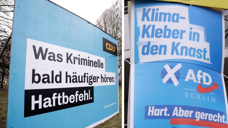 Umfrage-Sieger: Farblich und inhaltlich nicht weit voneinander entfernt: De Wahlplakate von CDU und AfD in Berlin. Fotos (2): picture alliance / Geisler-Fotopress | Sebastian Gabsch