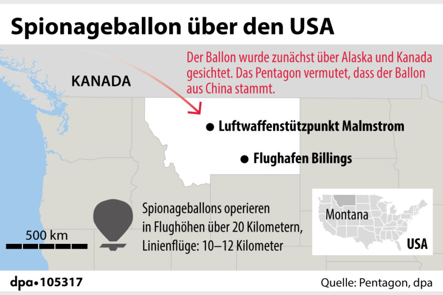 Route des mutmaßlichen Spionageballons über den Vereinigten Staaten