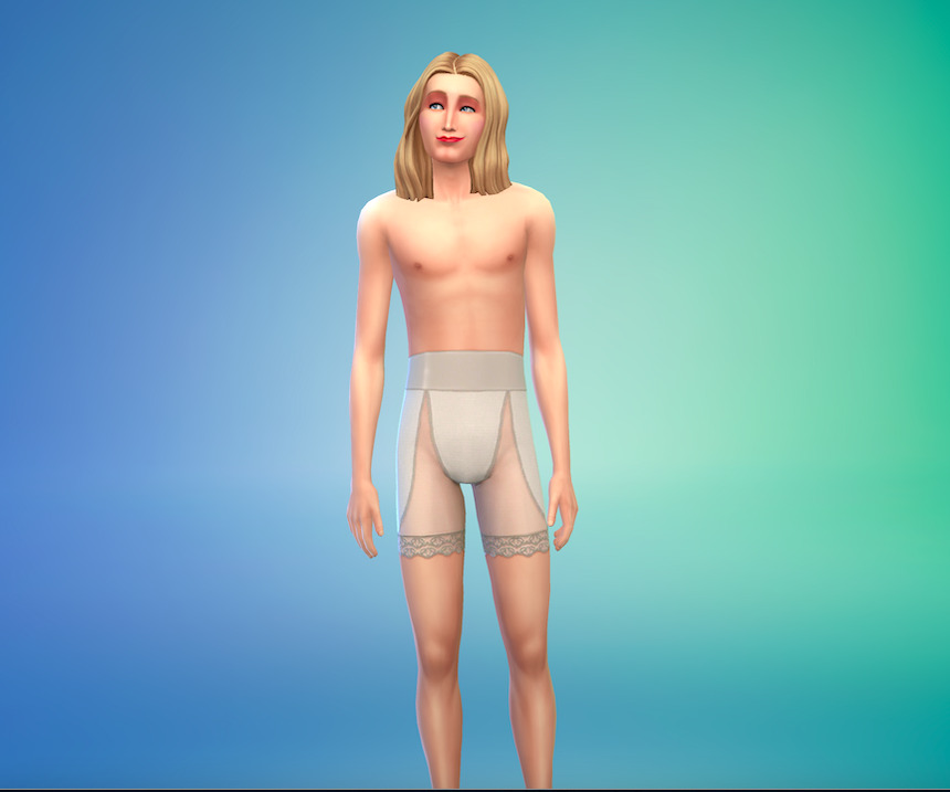 Eine Sims-Figur: Auch männliche Sims können in dem Spiel geschminkt sein und Damen-Unterwäsche tragen Foto: JF-Screenshot
