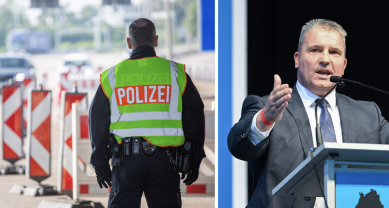 Ein Beamter der Bundespolizei steht am Grenzübergang Weil an der A5 (links) und AfD-Politiker Martin Hess: Viele Migranten kommen über die Schweiz nach Deutschland