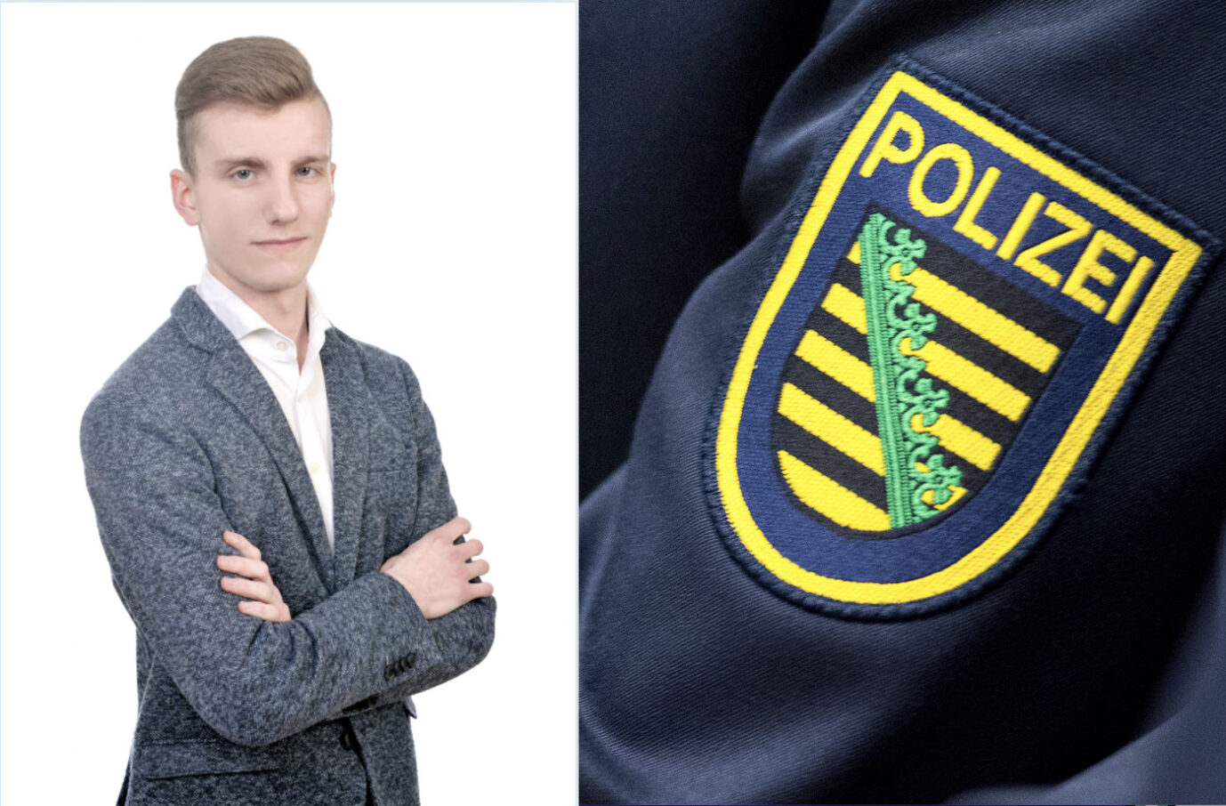AfD-Stadtrat steht mit verschränkten Armen. Daneben ist das Wappen der sächsischen Polizei zu sehen.