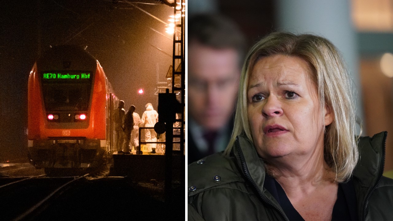Der Zug von Brokstedt und Innenministerin Nancy Faeser (SPD) am Tatort.