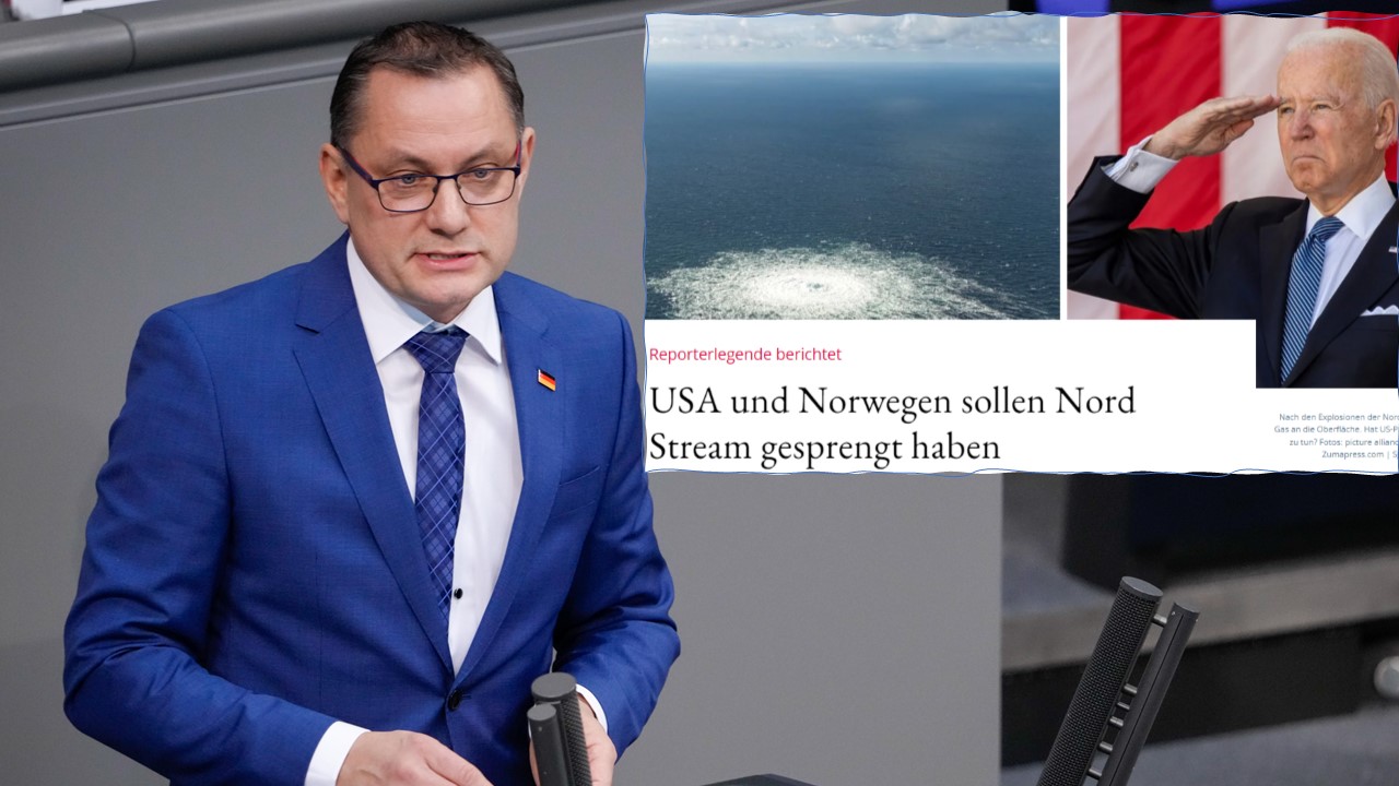 AfD-Chef Tino Chrupalla fordert einen Untersuchungsausschuß zu den Nord Stream-Sprengungen. Ausriß: So hatte die JF gestern über den Vorwurf von US-Reporterlegende Seymour Hersh berichtet.