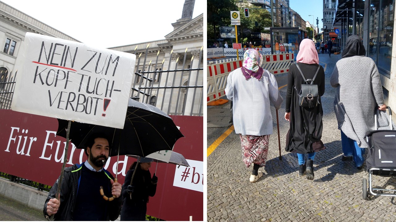 Zwei Szenen aus Berlin: Protest vor dem Bundesrat gegen das Kopftuch-Verbot und Migrantinnen mit islamischer Kopfbedeckung.